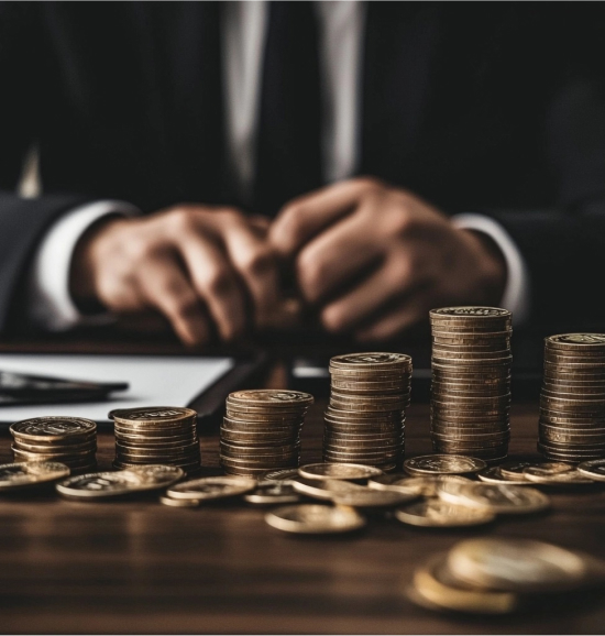 image of businessman surrounded by coin stacks